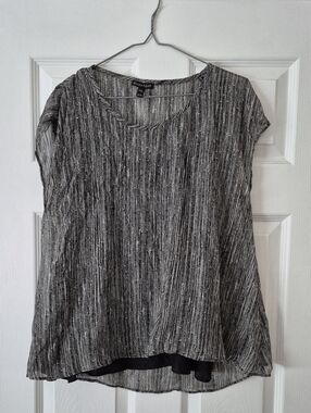 Eileen Fisher Black and Cream Patterened Silk Cap Sleeve Blouse